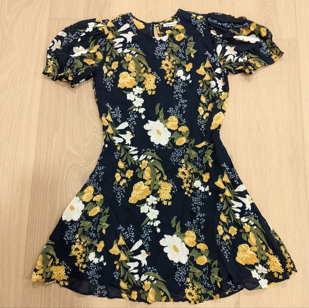 Reformation Floral Mini Dress - Black, Yellow, White